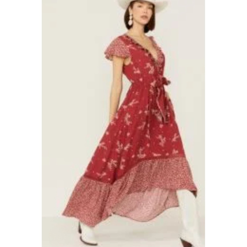 Beyond The Radar Red Floral Boho Maxi Dress Large High Low Ruffle Cottagecore